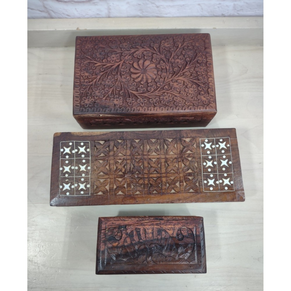 3 Vtg Hand Carved Wooden Trinket Jewelry Boxes Inlay Designs India Various Sizes